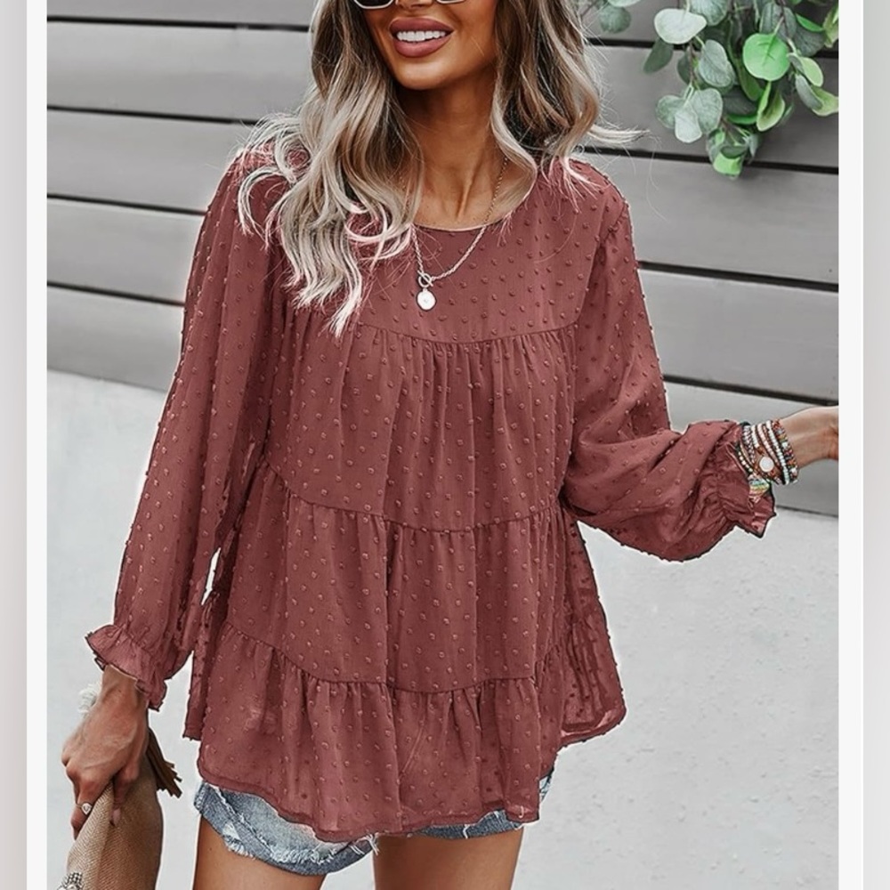 NWOT, PRETTYGARDEN Women's Loose Chiffon Blouse, Casual Round Neck Peplum Top